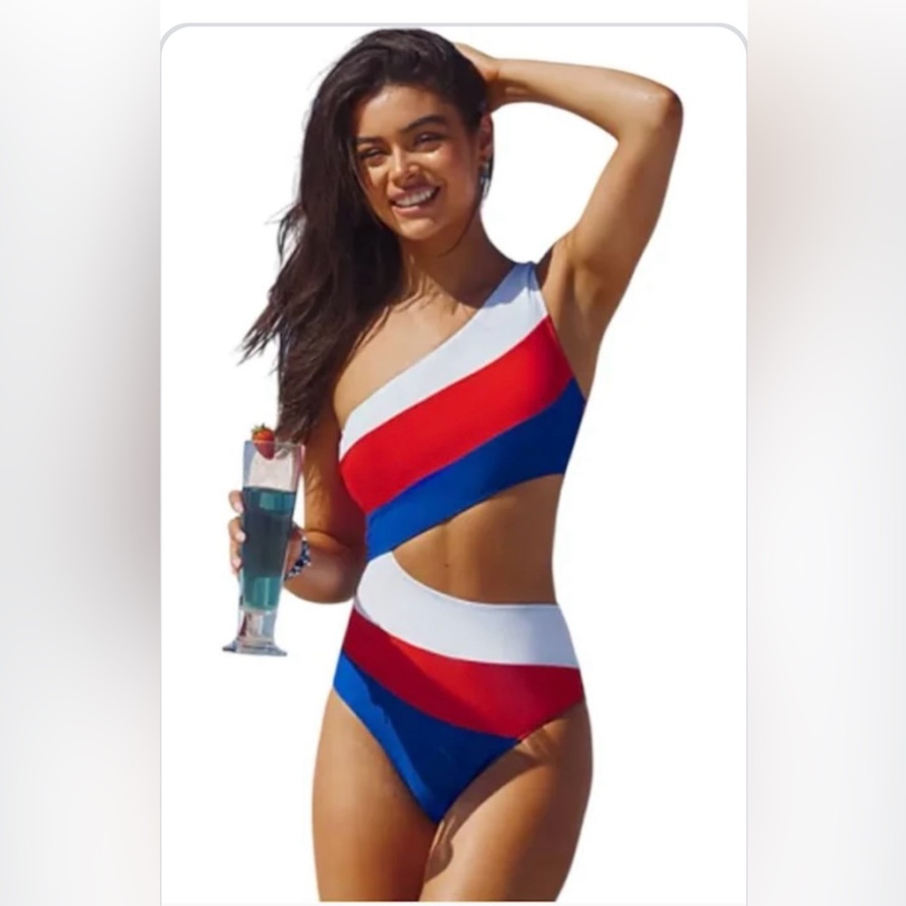 Cupshe Red, Blue, and White Cutout One-Piece Swimsuit
